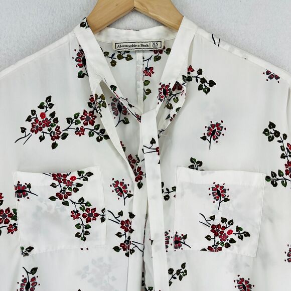 Abercrombie & Fitch Tops - ABERCROMBIE & FITCH Top XS Floral Poplin Tie Neck Blouse Roll Tab Sleeve White